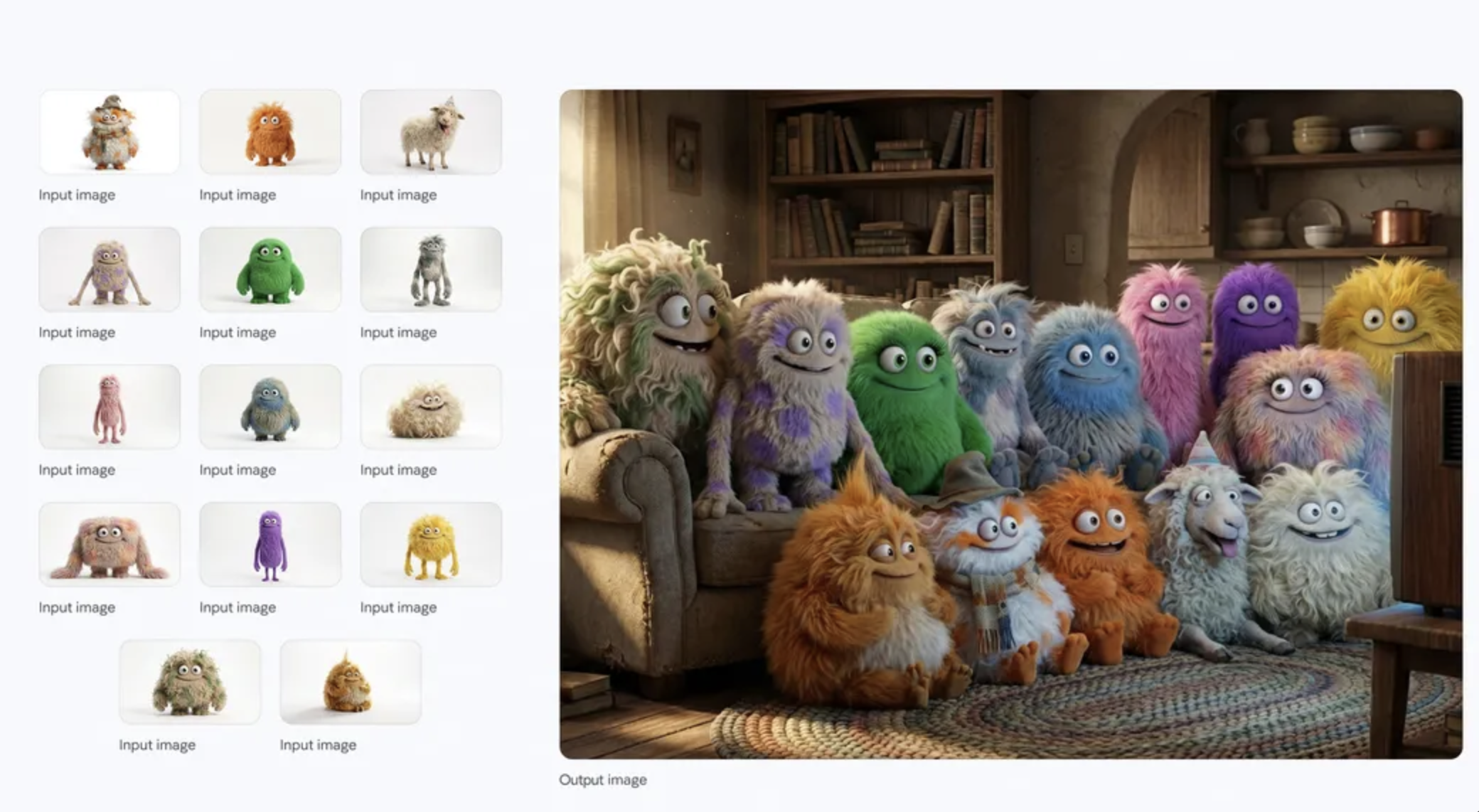 提示词：一个中景镜头	，14个毛茸茸的小家伙并排挤在一张米色旧布艺沙发上和地板上。它们都面向前方，看着一台老式木盒电视机，电视机放在沙发前的一张矮木桌上	。房间光线昏暗，左侧窗户透进温暖的光线	，电视机的光芒照亮了小家伙们的脸庞和毛茸茸的触感。背景是一个温馨略显凌乱的客厅，铺着编织地毯，书架上摆放着旧书	，远处可见一些质朴的厨房元素。整体氛围温暖、舒适而又充满趣味	。